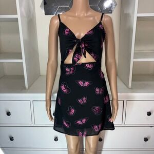 Sugar Thrillz Black Pink Butterfly Cutout Tie Front Mini Dress Size S